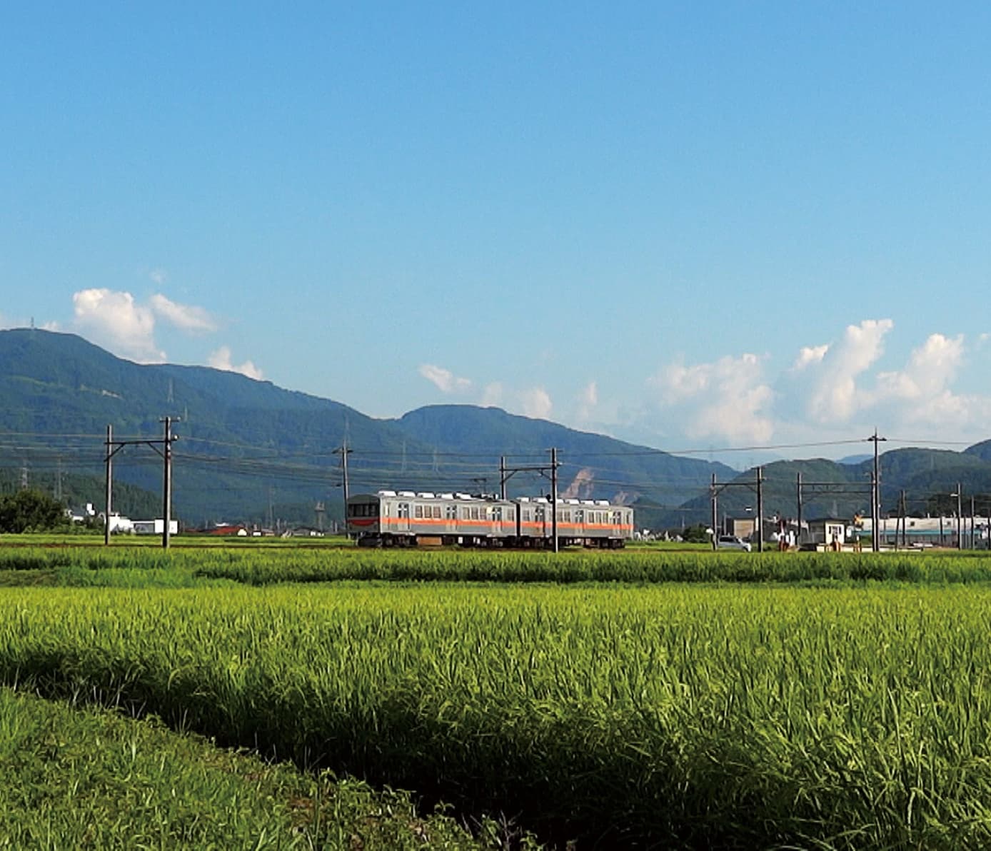 地域の足として、緑深い水田、連なる山々、青い空が広がる美しい自然の中を運行する北陸鉄道の電車